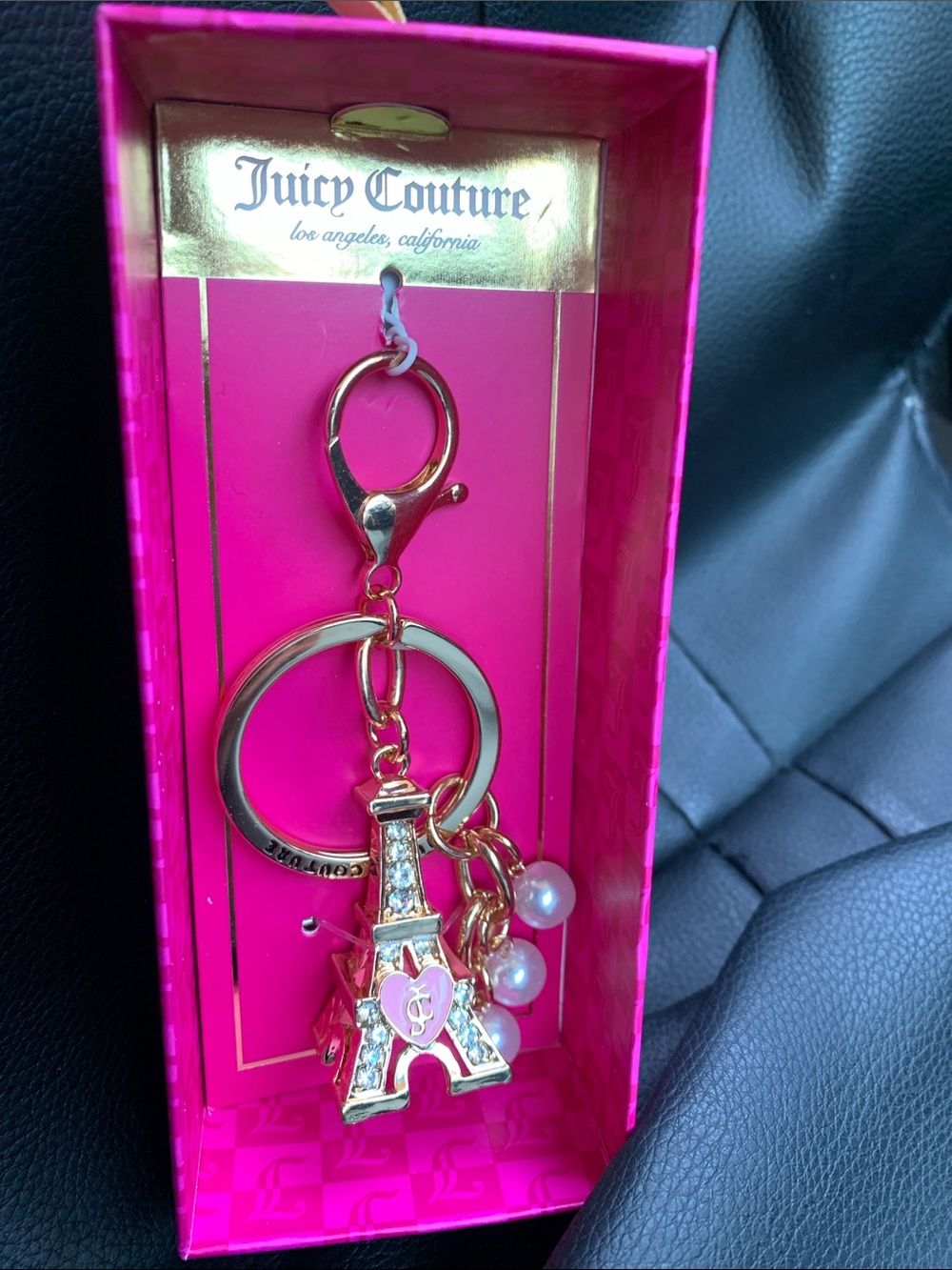🆕- Juicy Couture Gold and Hot Pink Eiffel Tower Bag Charm & Key Holder Charm